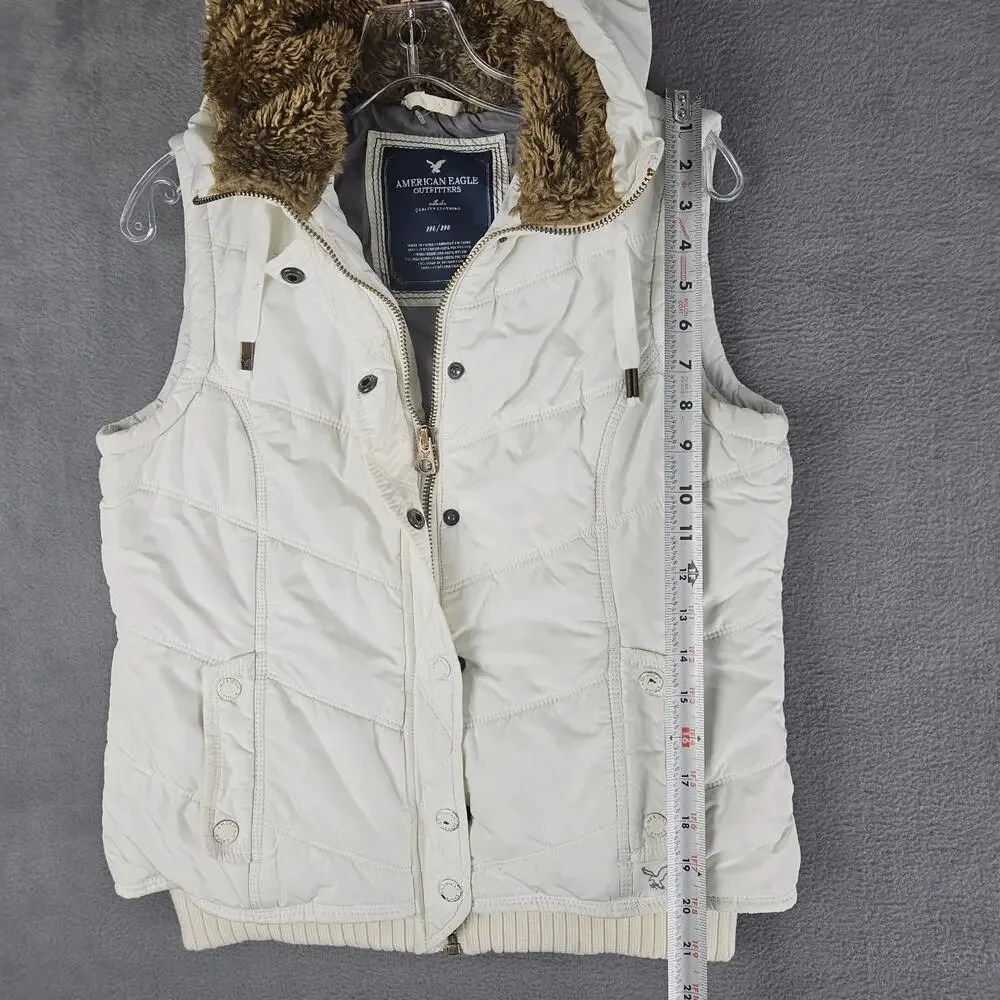 American Eagle Y2K Puffer Vest Faux Fur Hood Cream White Zip Snap Jacket Women M - Picture 6 of 9